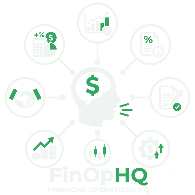 The FinOpHQ mark: a head that thinks in dollars, ringed by the streams of a business (sales, invoices, agreements, growth), all feeding the brain